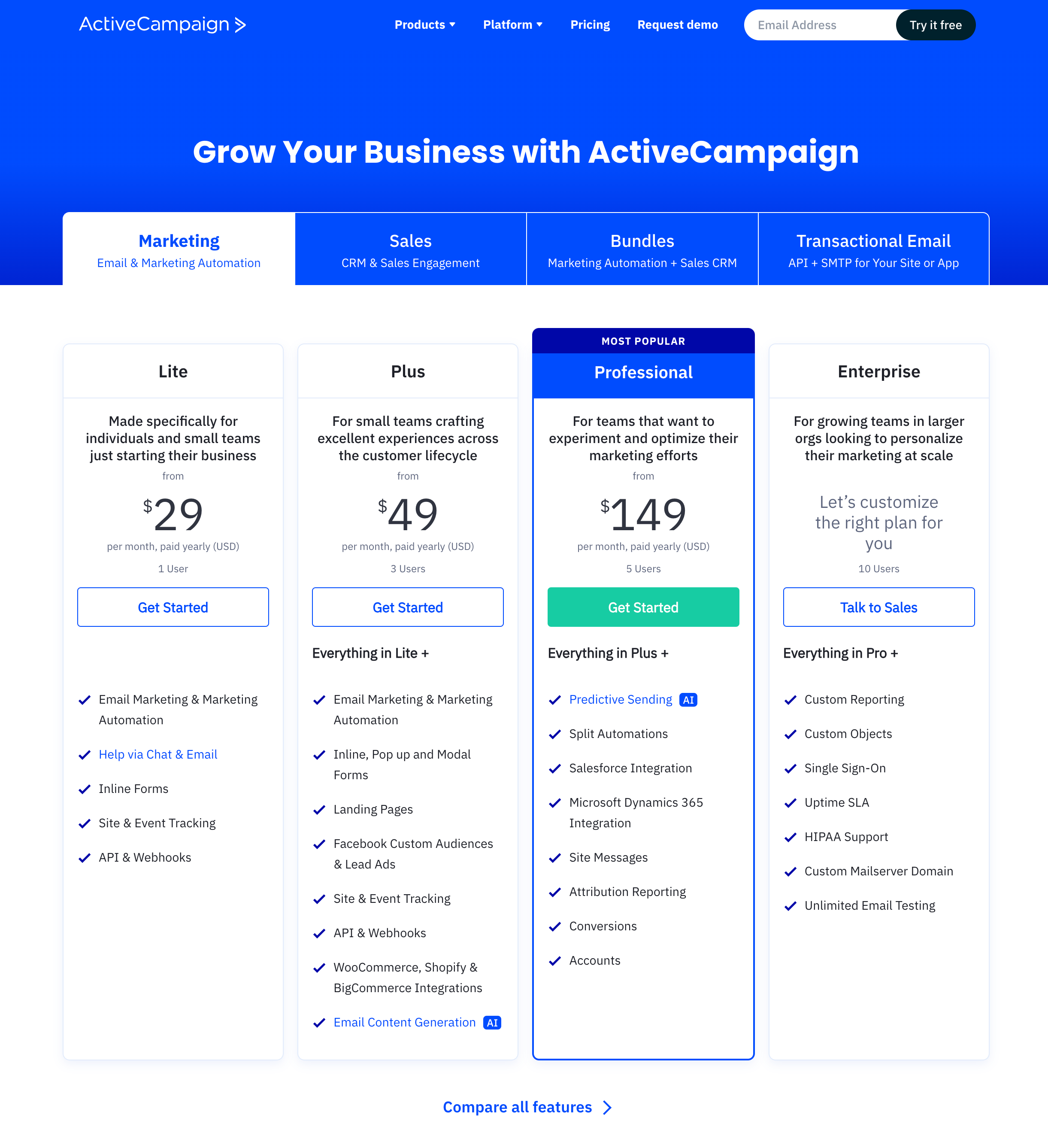 screenshot of activecampaign pricing, showing tiers prices at $29, $49, and $149 per month