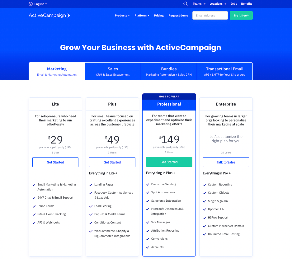 screenshot of pricing for activecampaign