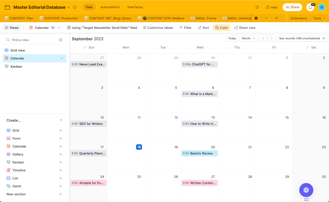 screenshot of calendar view in airtable content calendar