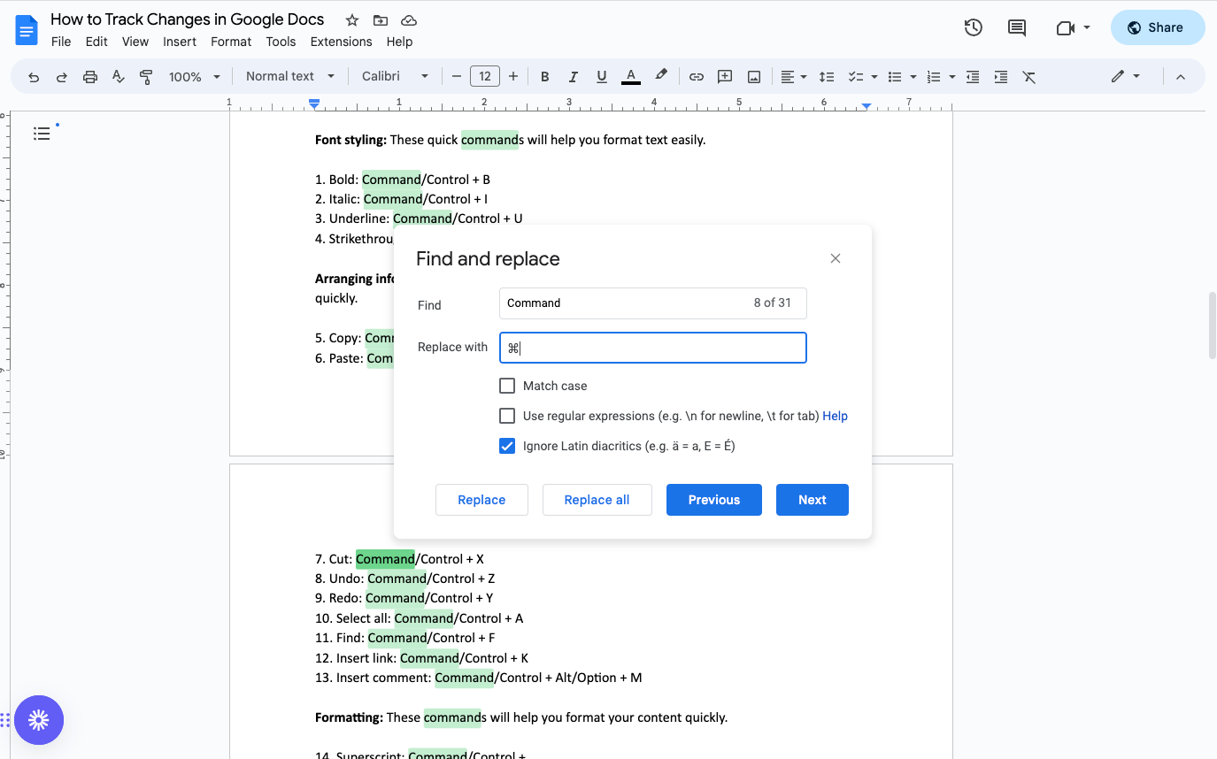 screenshot of using find and replace in google docs