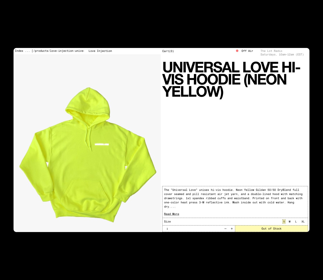 love injection product detail page featuring universal love hi-vis hoodie (neon yellow)