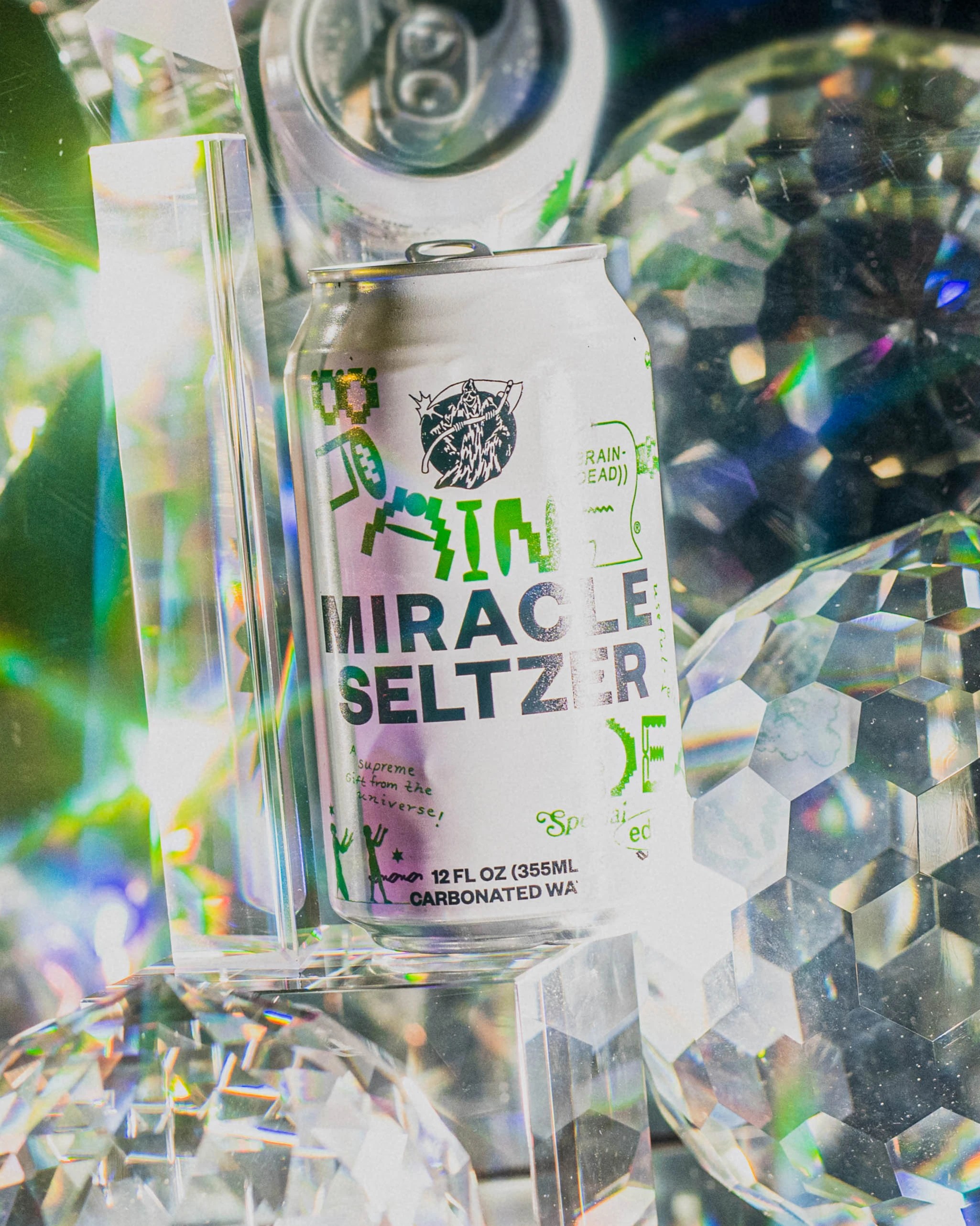 miracle seltzer can surrounded by disco balls