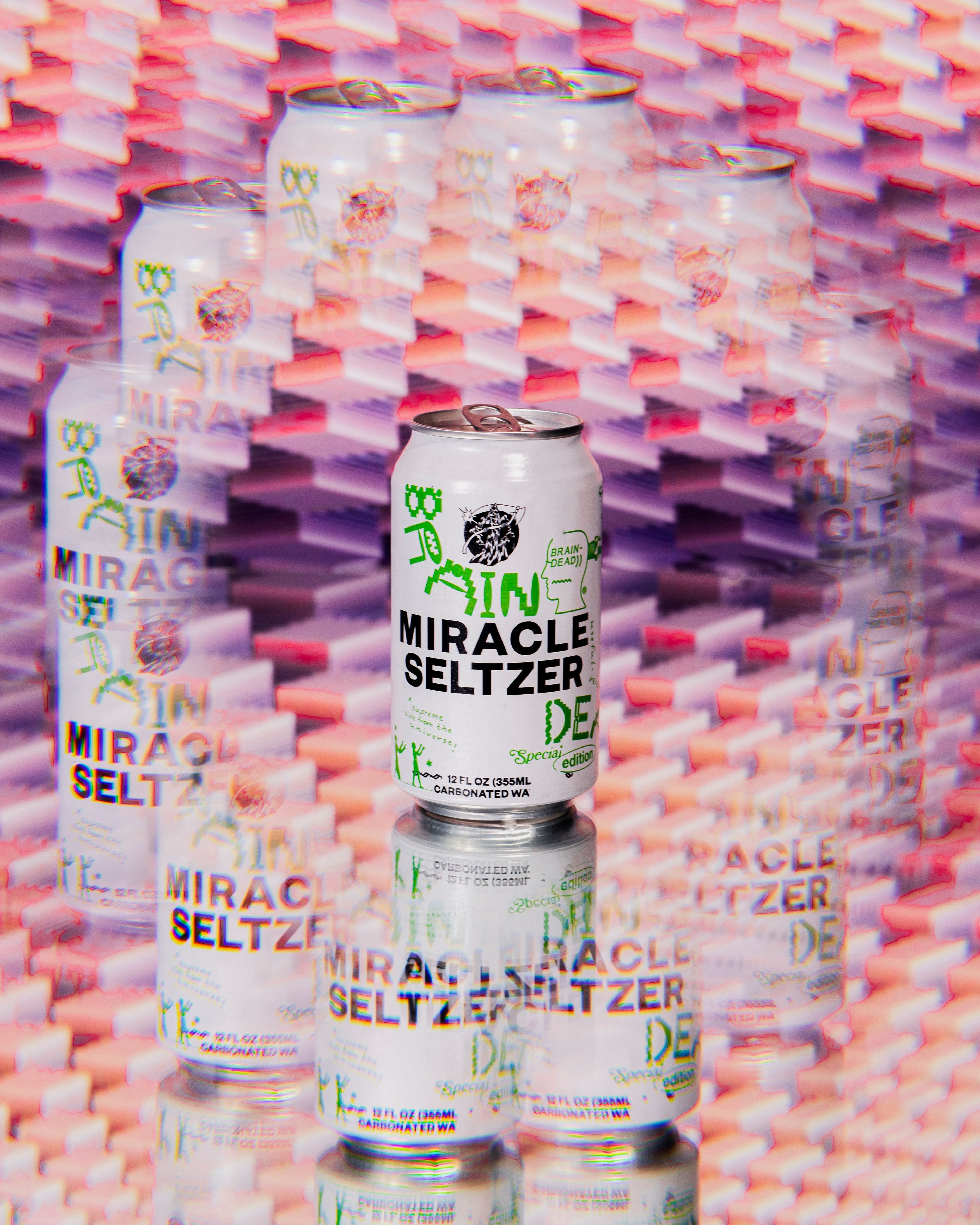 photo of miracle seltzer can set on an infinity mirror