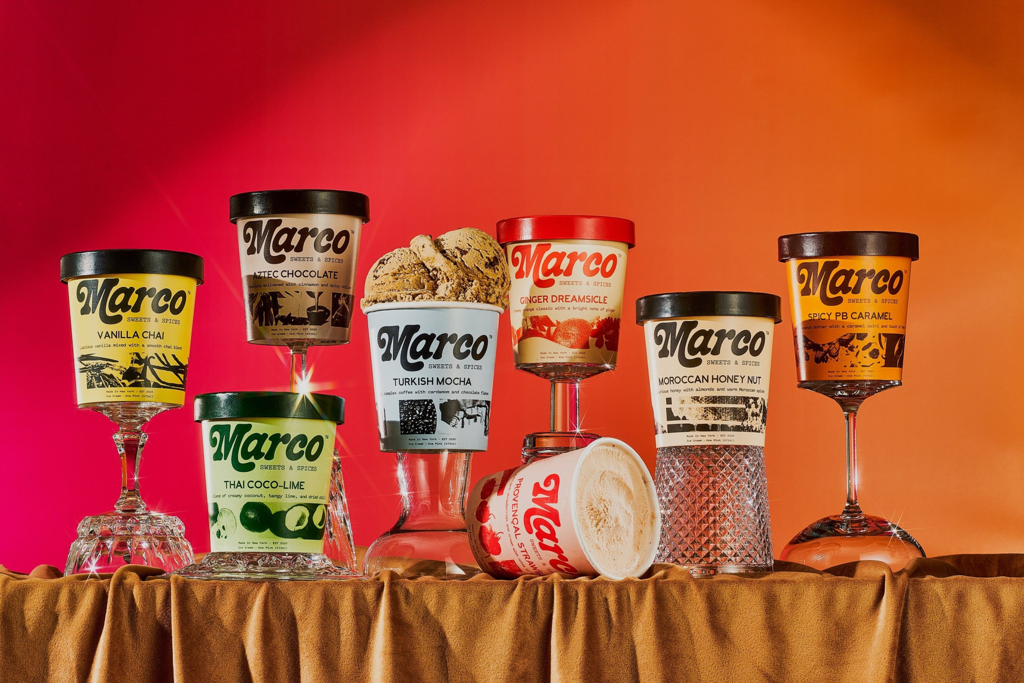 marco ice cream full suite of pints against red background
