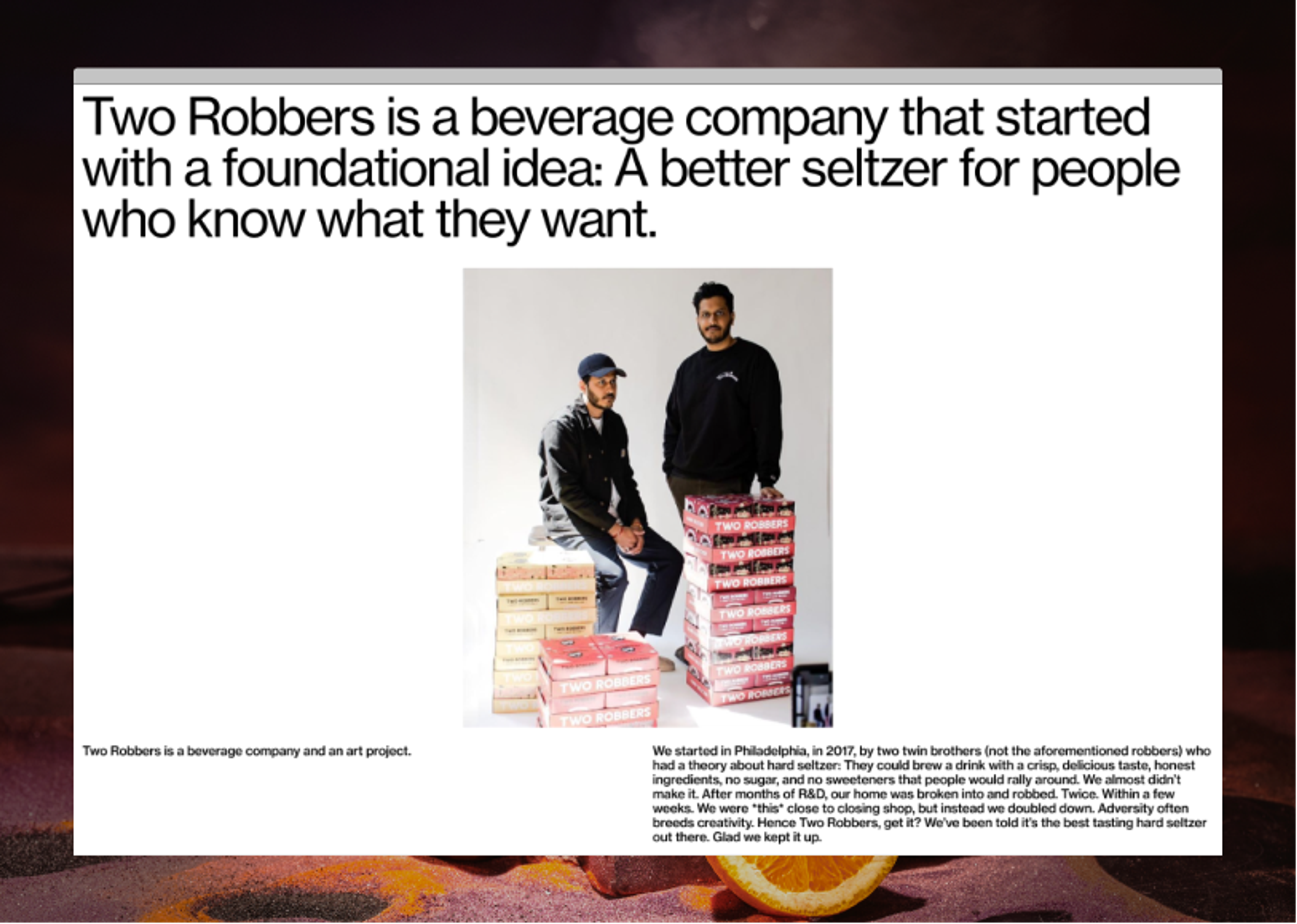 two robbers about page stating "Two Robbers is a beverage company that started with a foundational idea: A better seltzer for people who know what they want"
