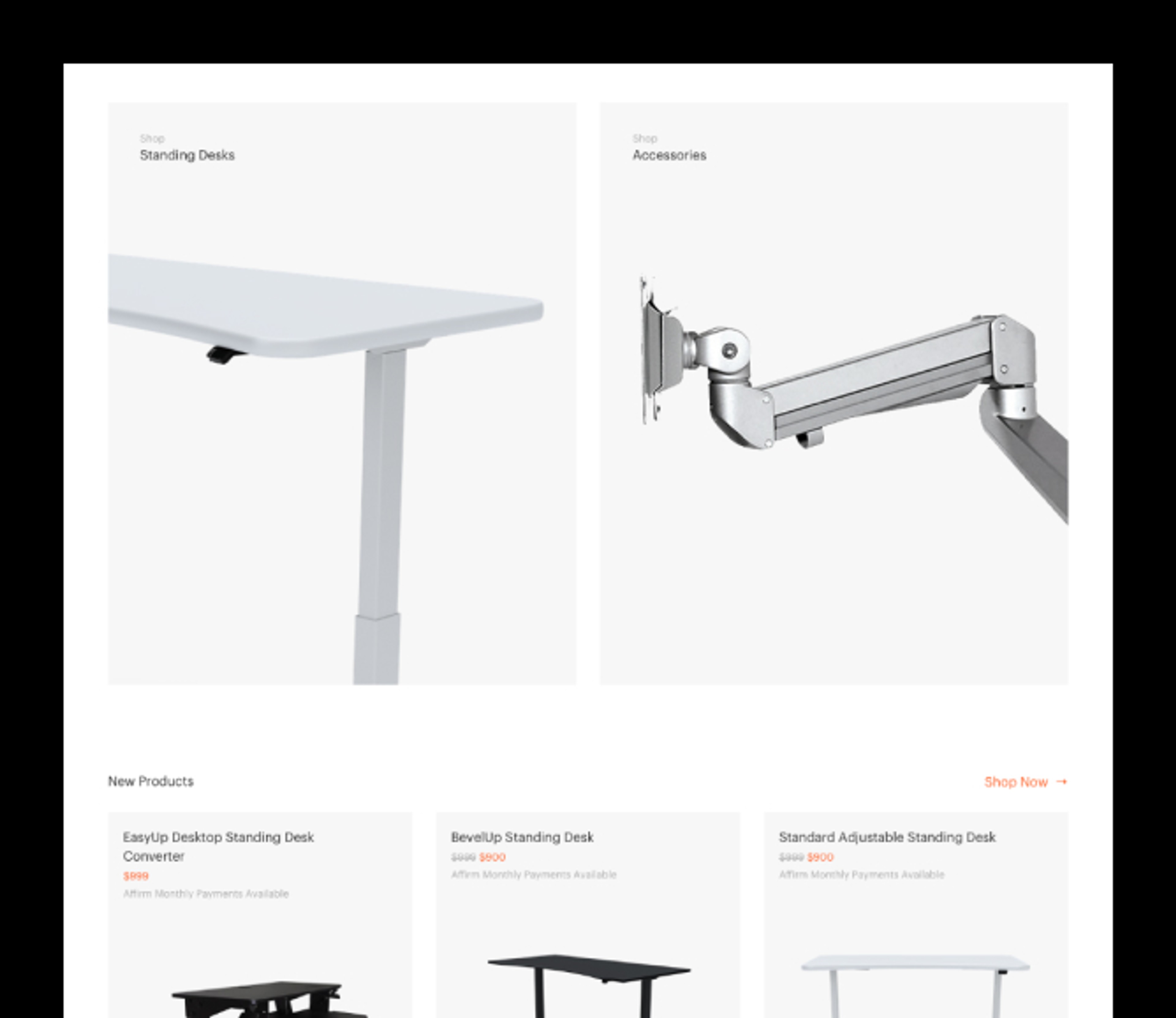 updesk homepage featuring standing desks and accessories