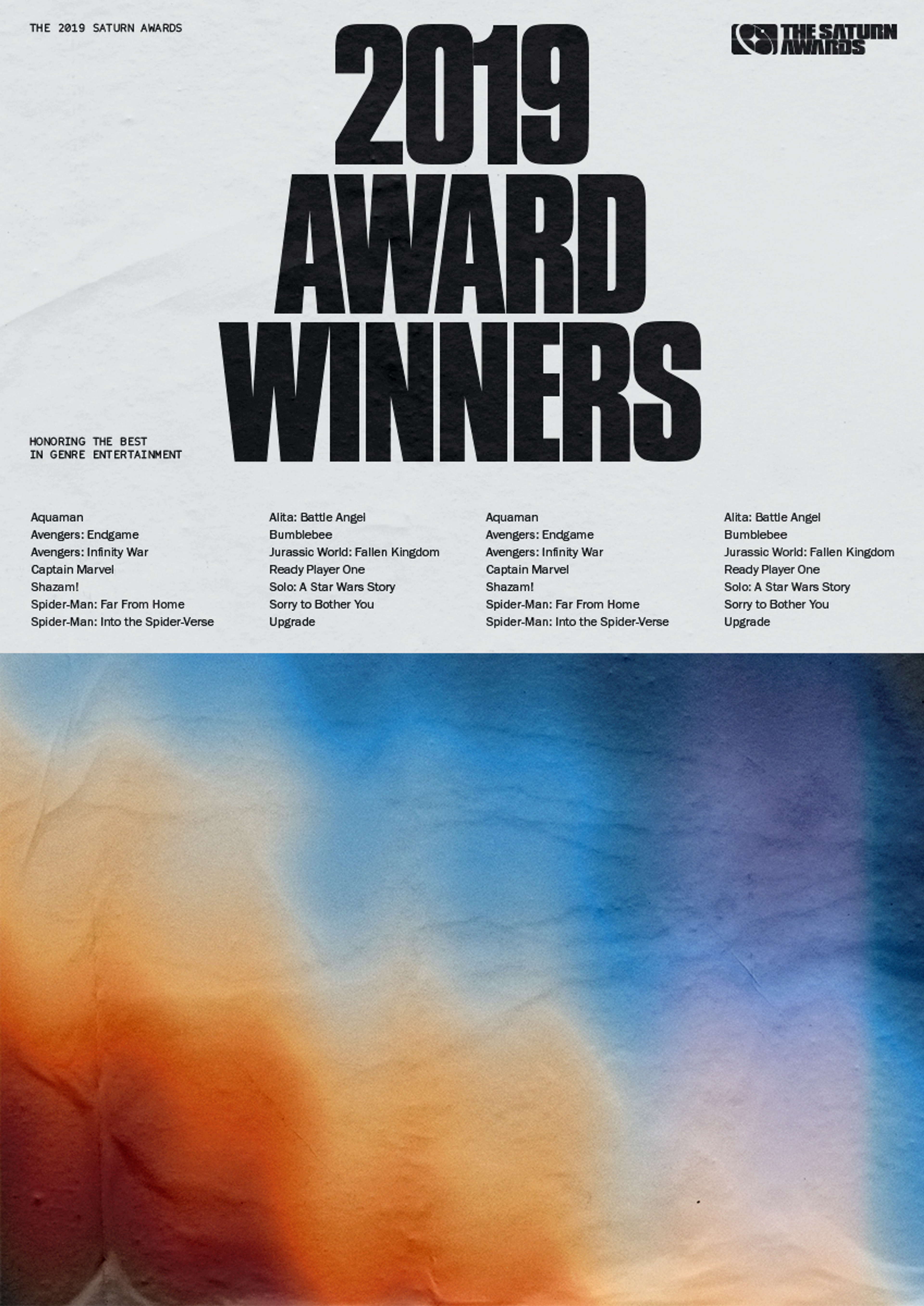 saturn awards poster reading "2019 award winners" and a blue, orange, and yellow gradient