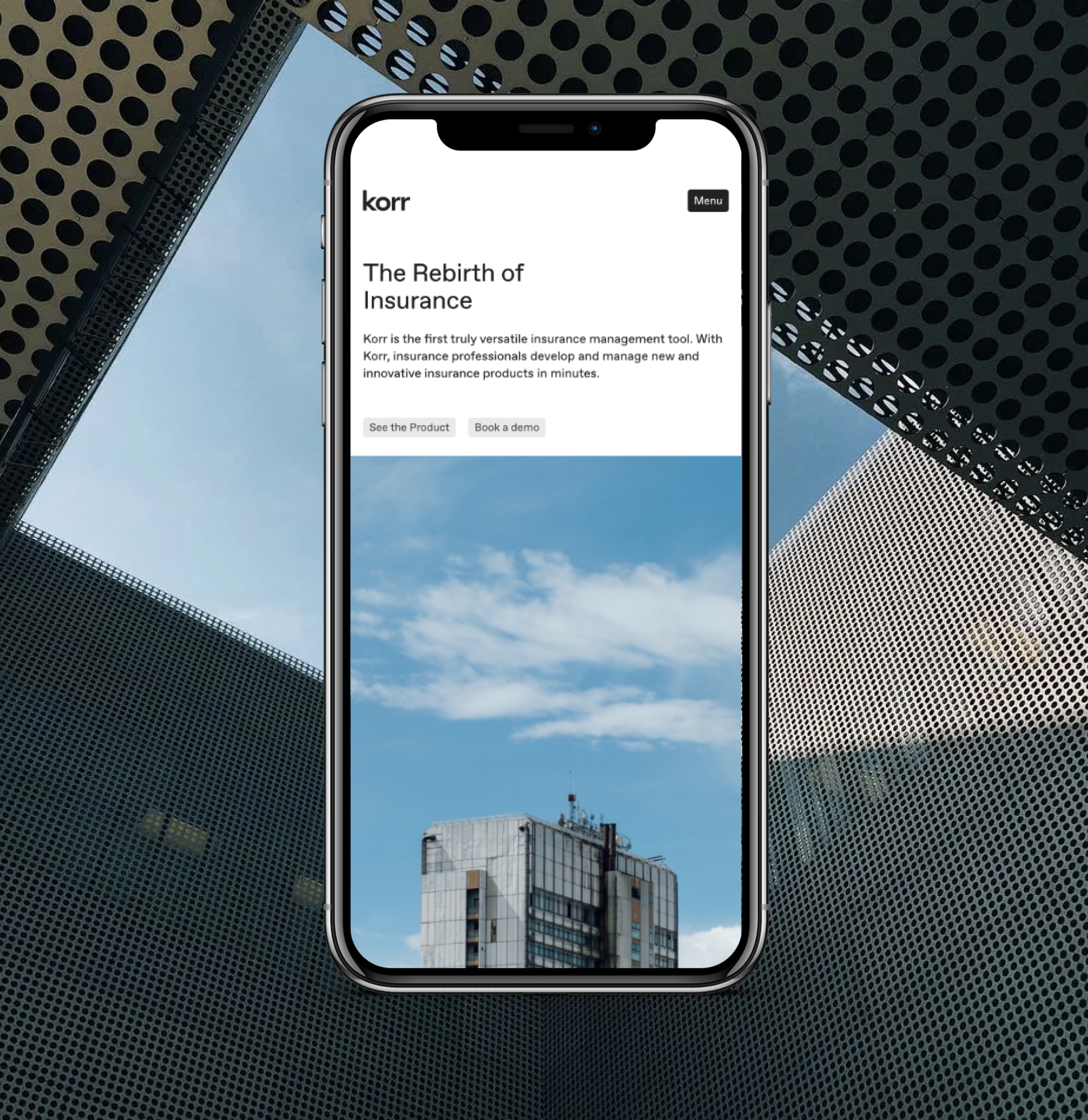 korr mobile homepage set on architectural photograph