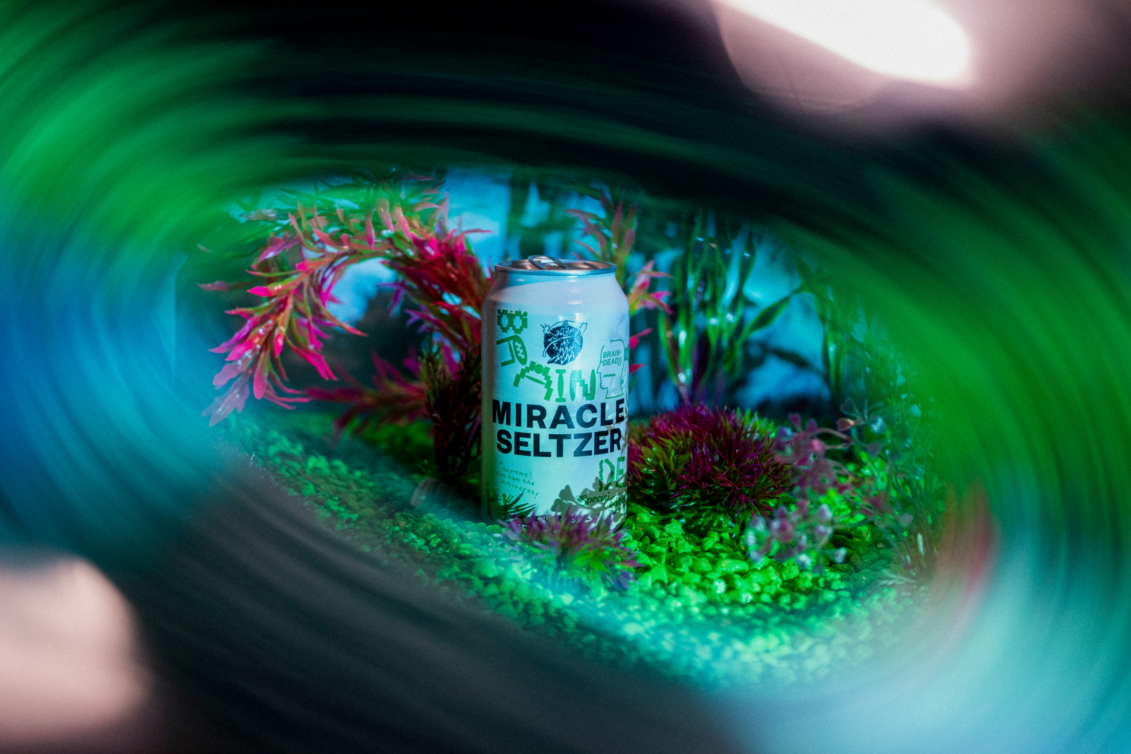 photo of miracle seltzer can with a motion blur around the frame edge