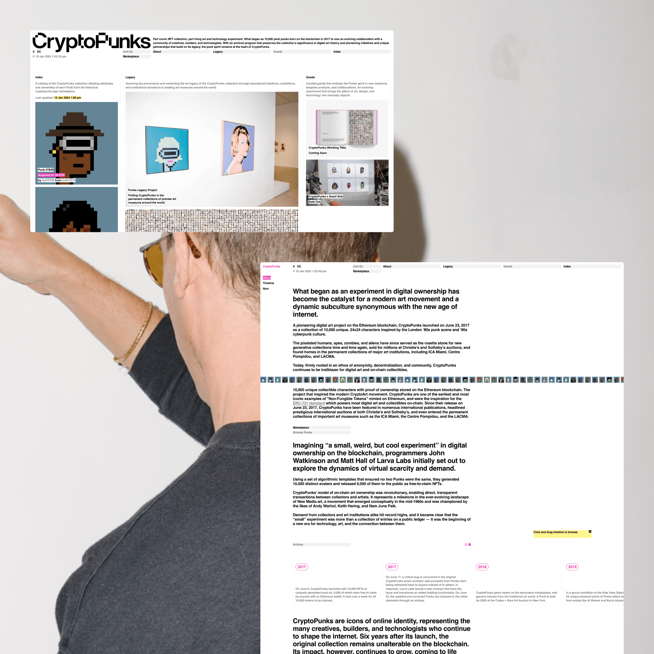 two shots of the cryptopunks brand hub site on desktop