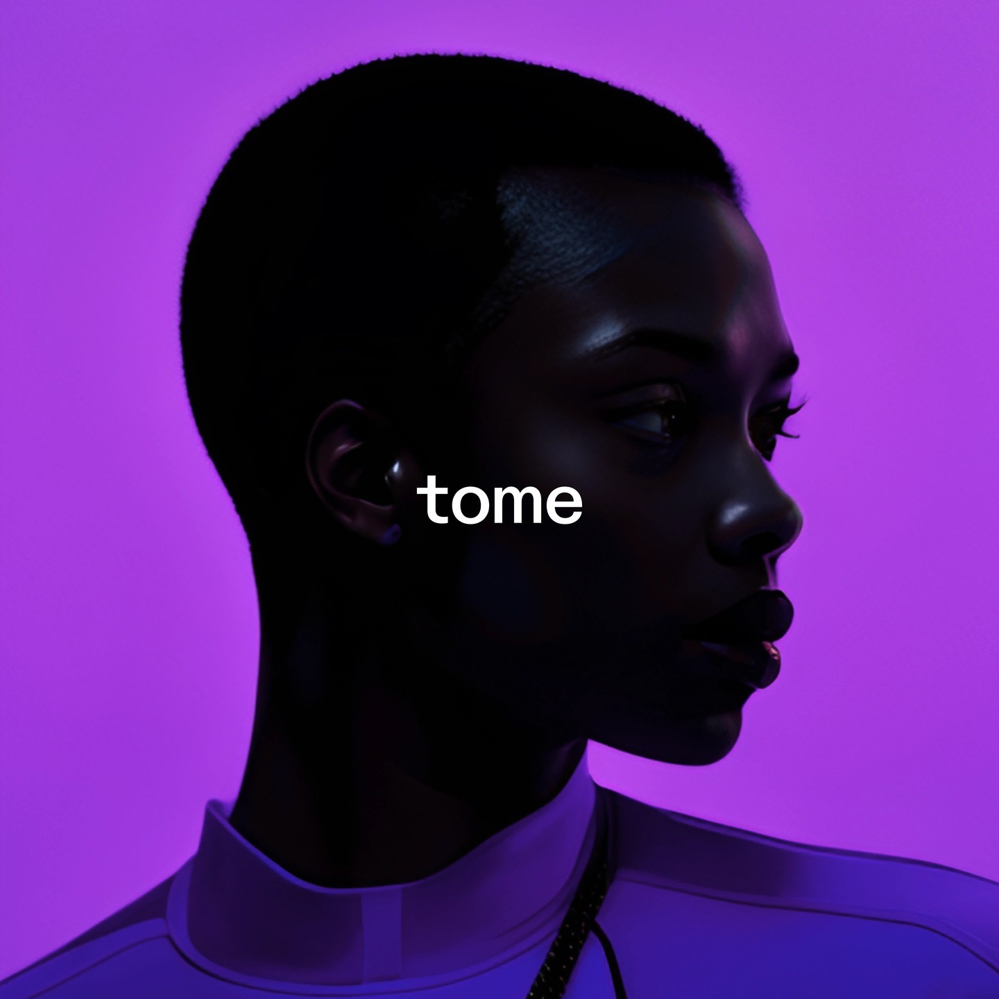 Tome logo set against AI-generated woman against purple background