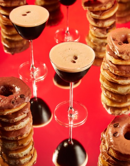 body espresso martini with donut against red background