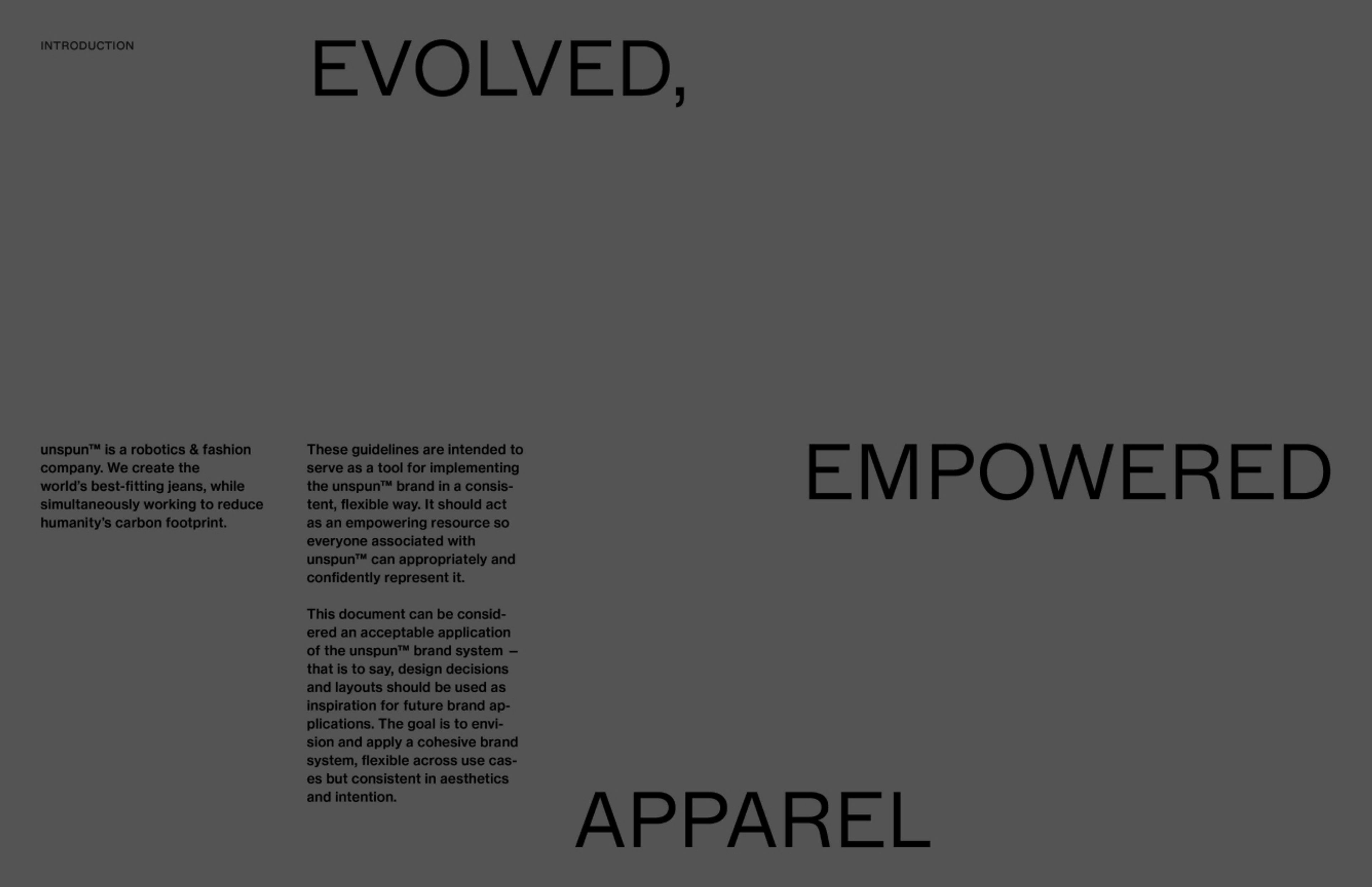 unspun brand guidelines that read "evolved, empowered apparel"