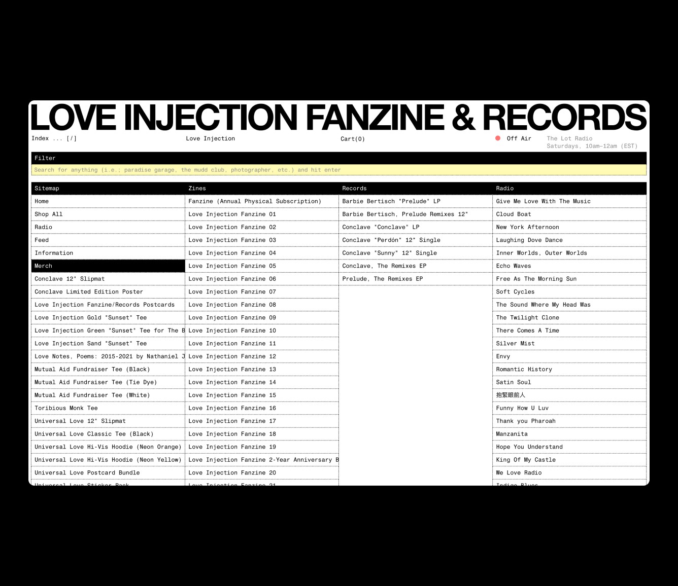 love injection index menu