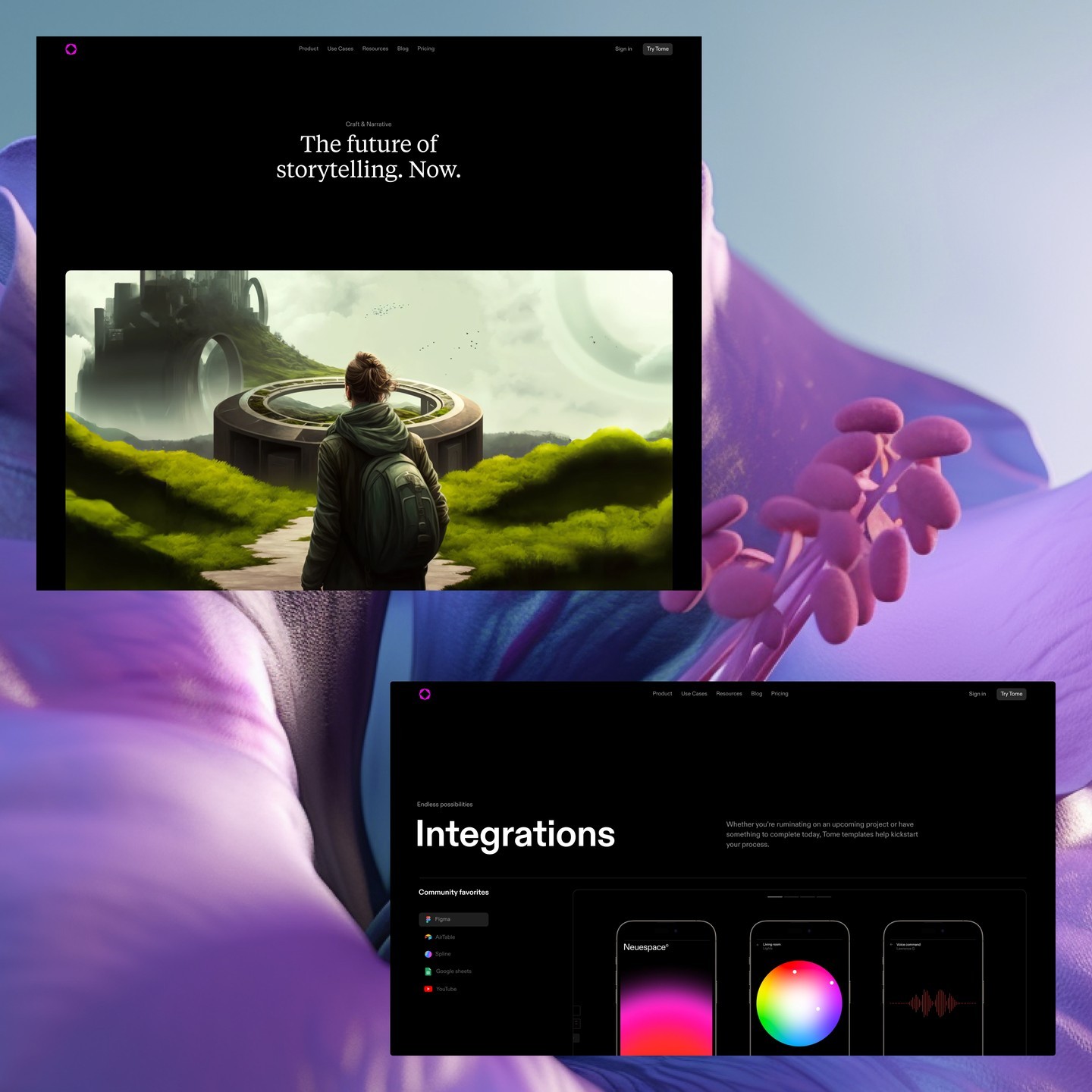 Tome product desktop images against purple background
