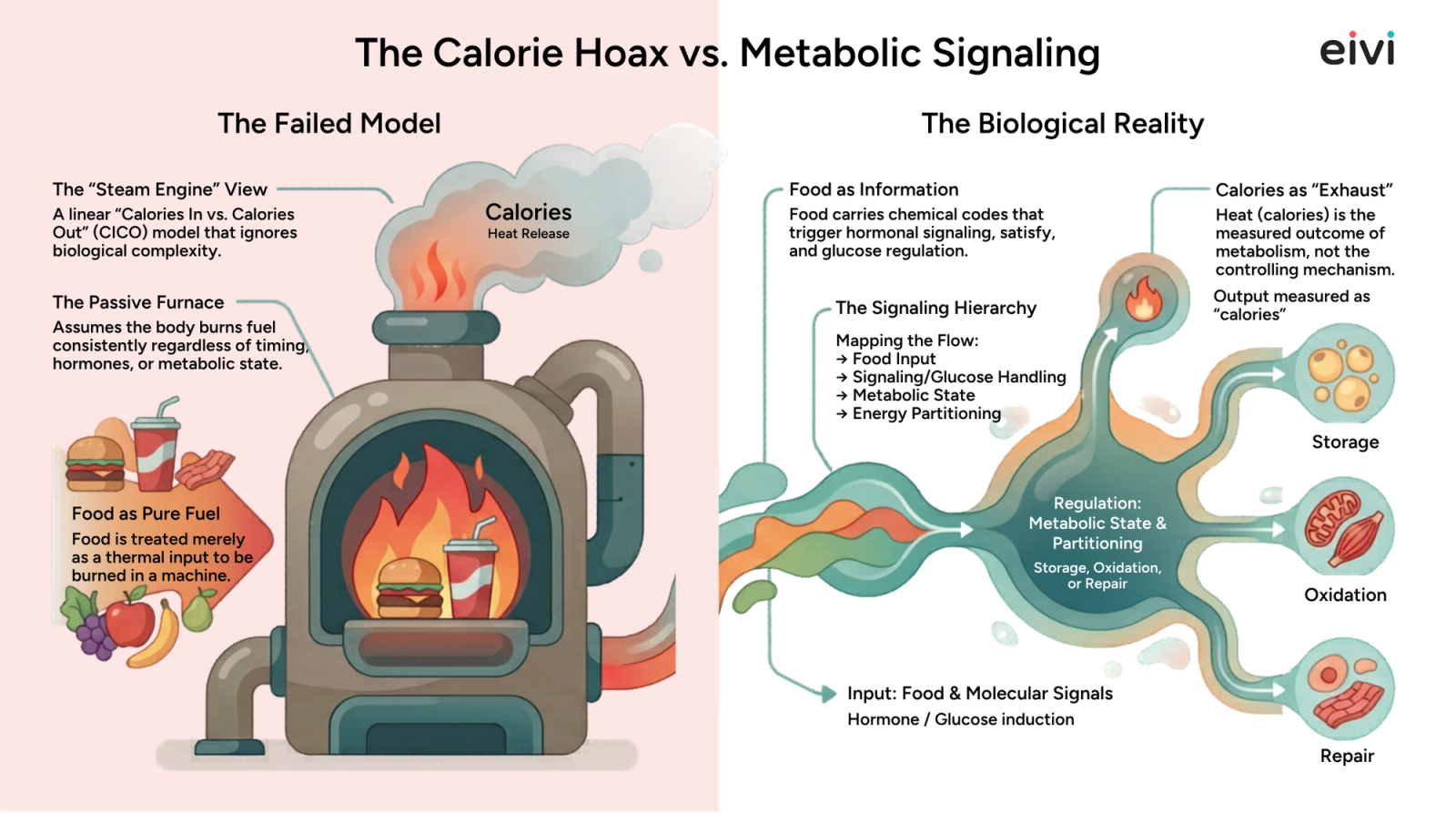 A two-panel infographic titled "The Calorie Hoax vs. Metabolic Signaling". The left panel, on a pink ground, is headed "The Failed Model" and shows an illustrated cast-iron furnace with a burger and a soft drink burning inside it, flames rising from the chimney into smoke labelled "Calories — Heat Release", with fast food and fruit piled up waiting to be fed in. Three callouts describe it: the "Steam Engine" view, a linear calories-in-versus-calories-out model that ignores biological complexity; the passive furnace, which assumes the body burns fuel consistently regardless of timing, hormones or metabolic state; and food as pure fuel, treated merely as a thermal input to be burned in a machine. The right panel, headed "The Biological Reality", replaces the furnace with a flowing river of teal and orange currents. It runs from "Input: Food and Molecular Signals — hormone and glucose induction" into a central node, "Regulation: Metabolic State and Partitioning — storage, oxidation, or repair", which branches into three outcomes drawn as circles: storage in fat cells, oxidation in mitochondria and muscle, and repair of tissue. A fourth branch rises to a small flame labelled "Calories as Exhaust" — heat is the measured outcome of metabolism, not the controlling mechanism. Further callouts describe food as information, carrying chemical codes that trigger hormonal signalling, satiety and glucose regulation, and a signalling hierarchy that maps the flow as food input, then signalling and glucose handling, then metabolic state, then energy partitioning.