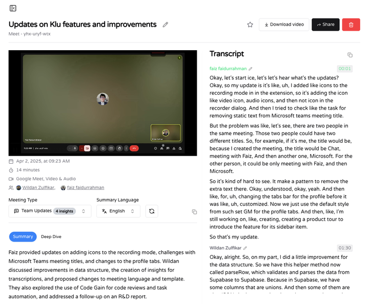 Klu AI notetaker records and transcribes meetings in real time with speaker recognition and multilingual detection
