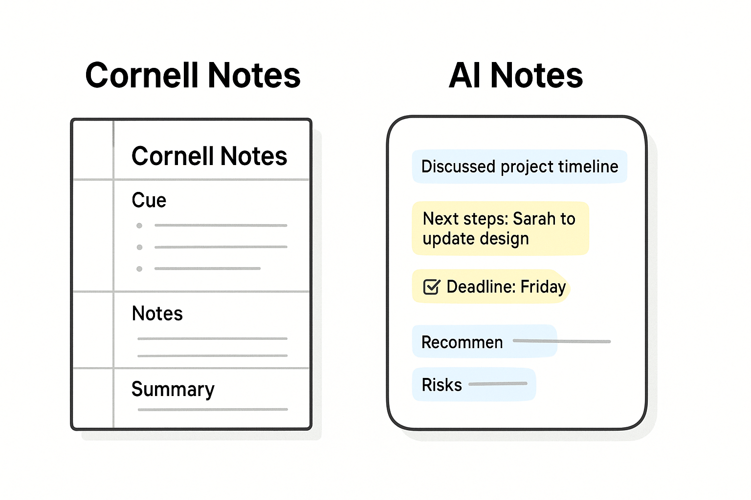 Visual comparison of Cornell method structure and AI note-taking layout.
