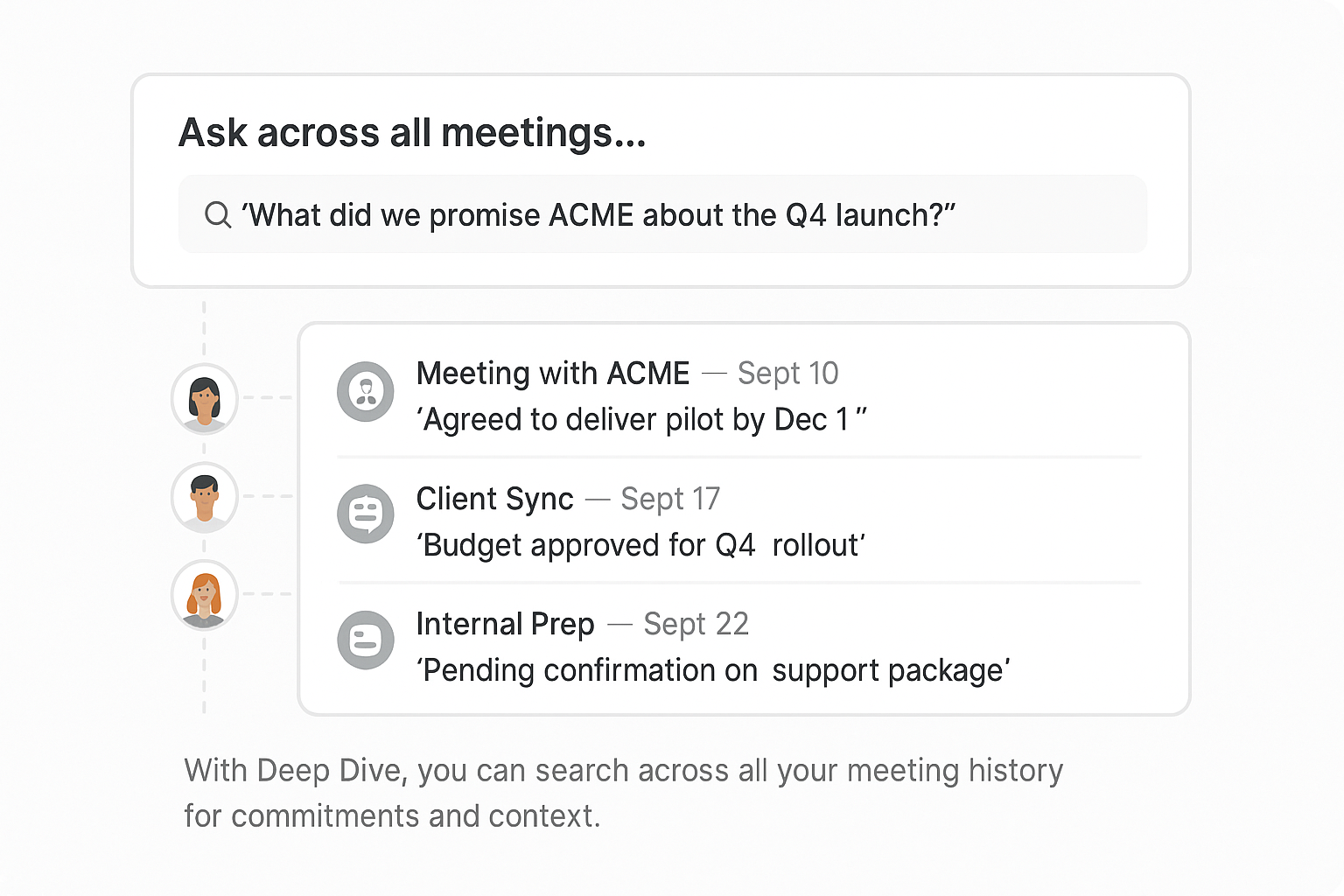 Search interface pulling snippets from multiple meeting transcripts.