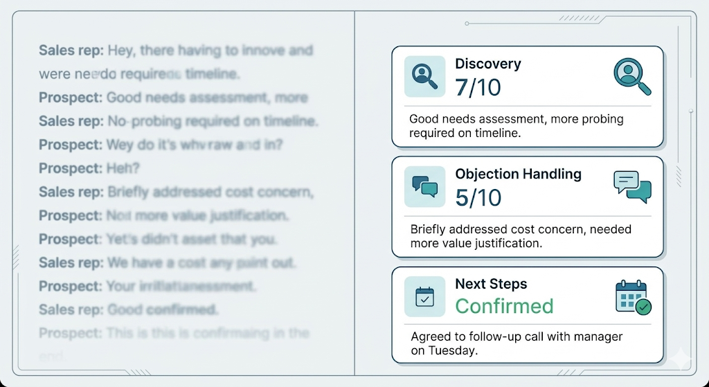 Split-screen comparison showing a raw sales call transcript on the left versus a structured AI scoring panel with rep performance insights on the right.
