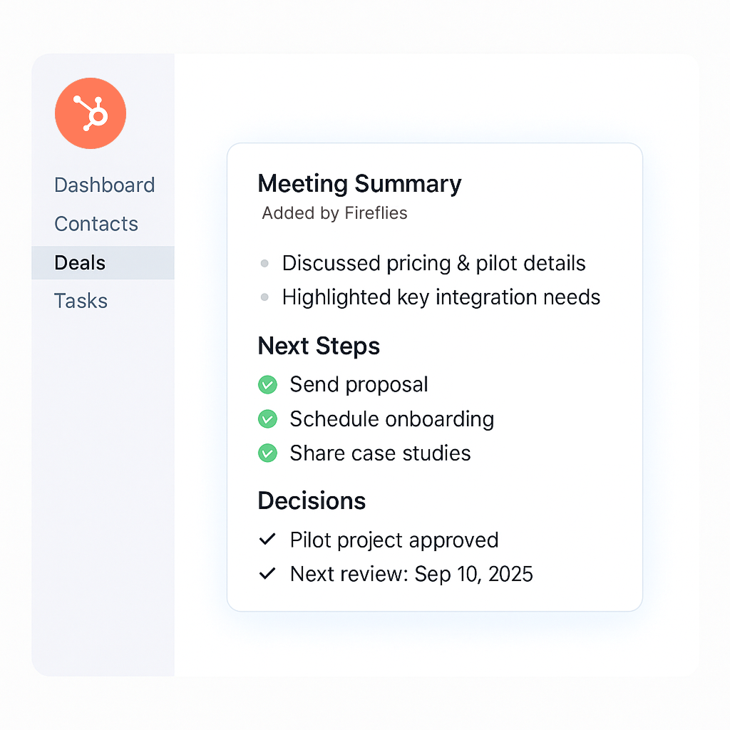 Fireflies logging transcripts and summaries into HubSpot CRM.