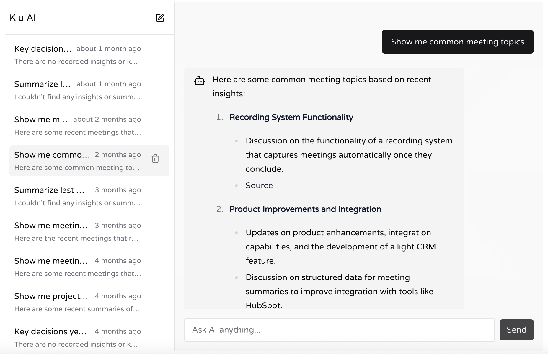 Klu Ask AI feature showing instant answers about past meetings using generative search