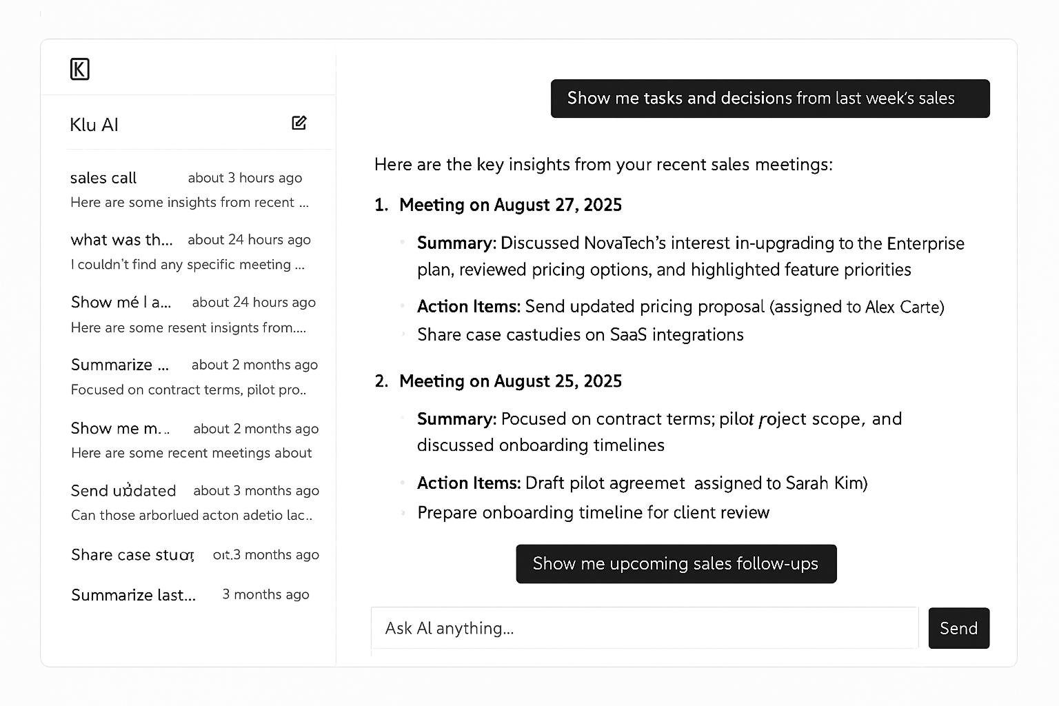 Klu AI Assistant surfacing action items from past meetings.