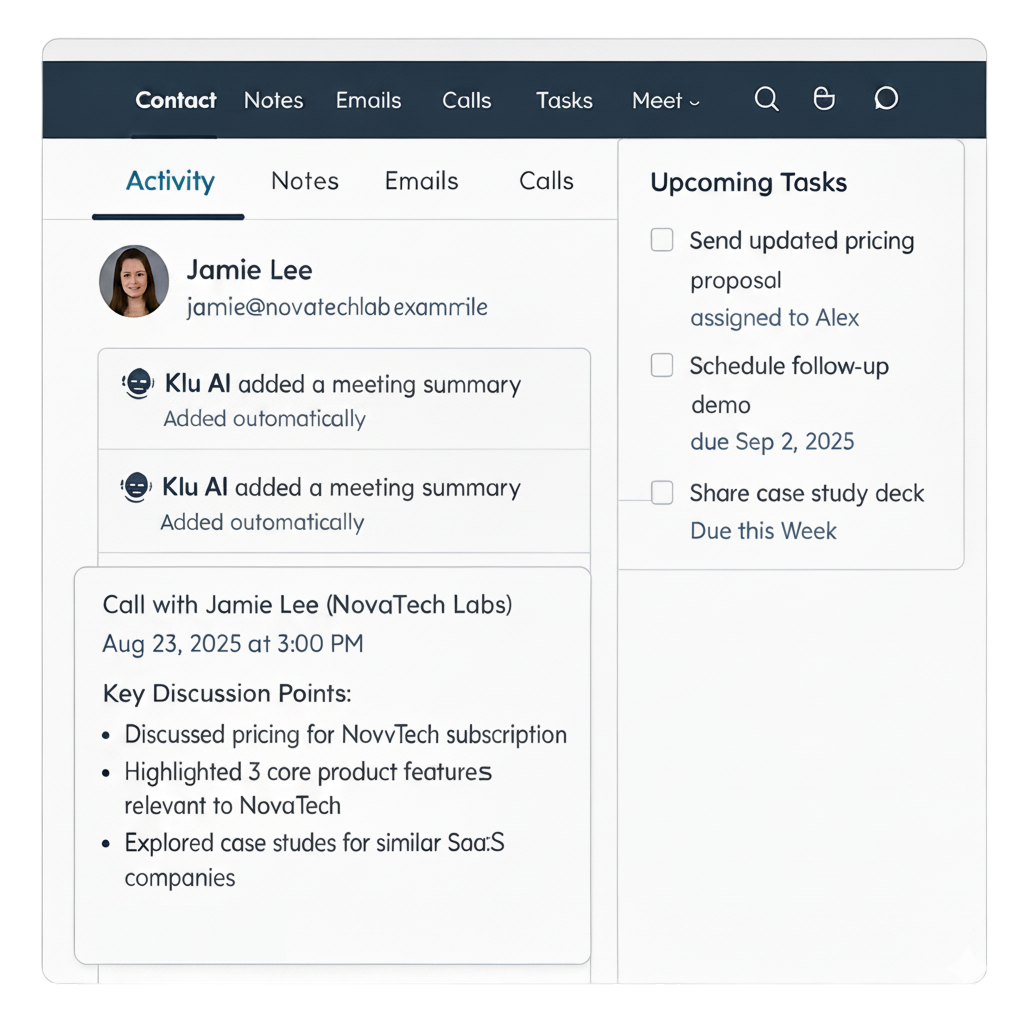 Klu automatically logging meeting notes and tasks into HubSpot CRM.