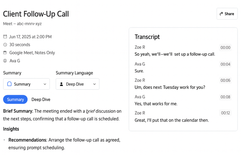 Klu meeting summary for Google Meet in cross-platform workflow