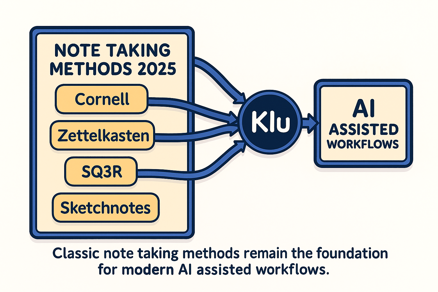 Diagram showing how traditional note taking methods connect to modern AI workflows.