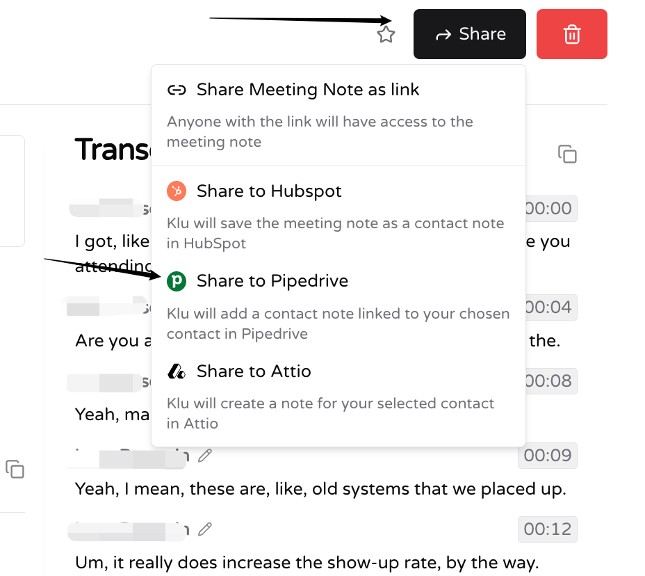 Klu dashboard displaying sales meeting summaries, next steps, and CRM syncs.