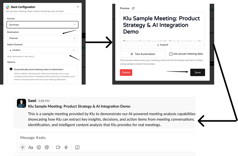 Klu sends meeting action items directly to Slack for instant visibility.