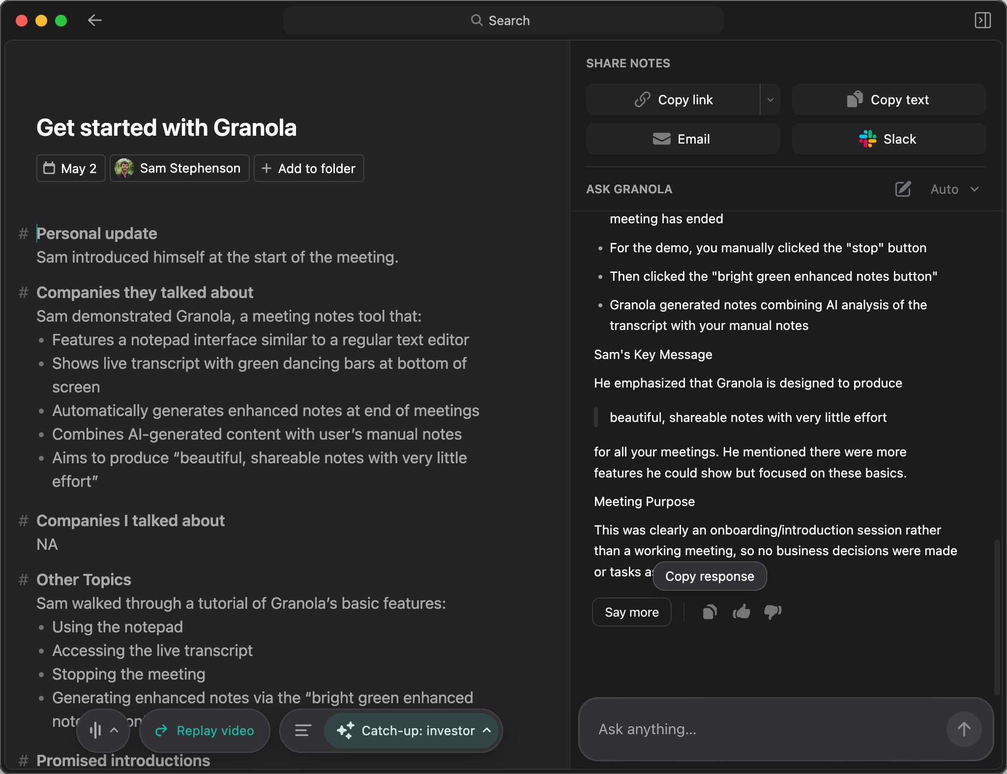 Granola note-plus-transcript workspace template view