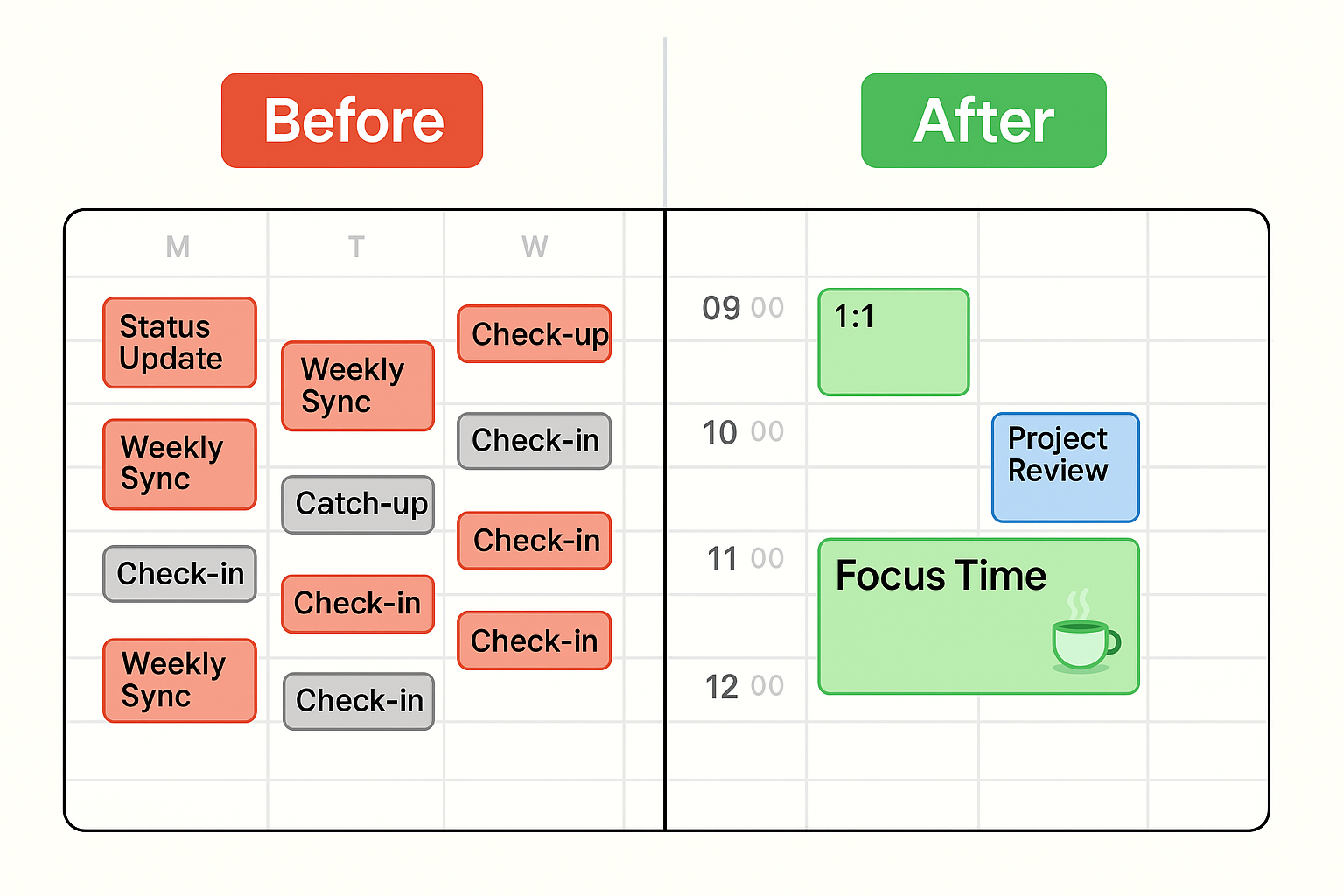 Before and after view of calendar cleaning meeting overload.