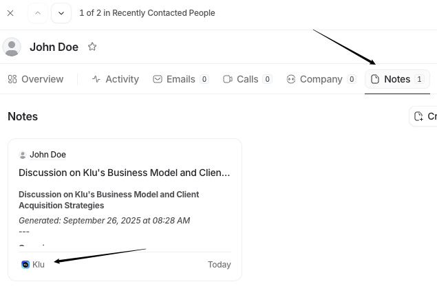 Meeting note synced from Klu to Attio CRM contact record.