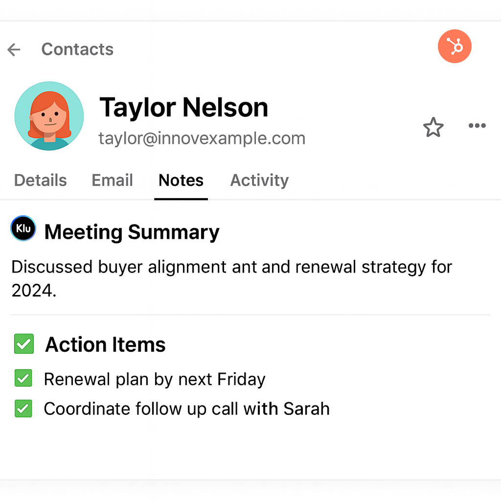 HubSpot activity log with AI meeting summary and follow up task entry.