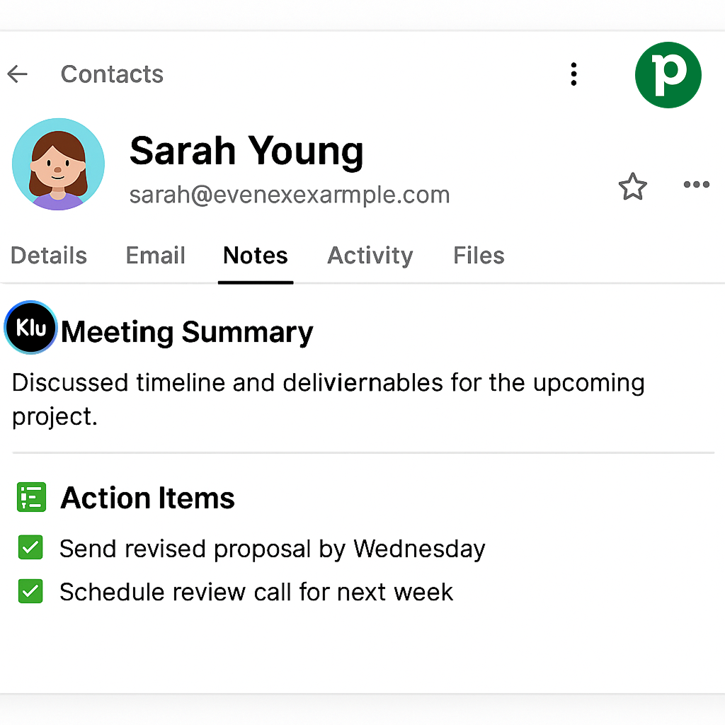 Pipedrive record with AI generated meeting summary and tasks.
