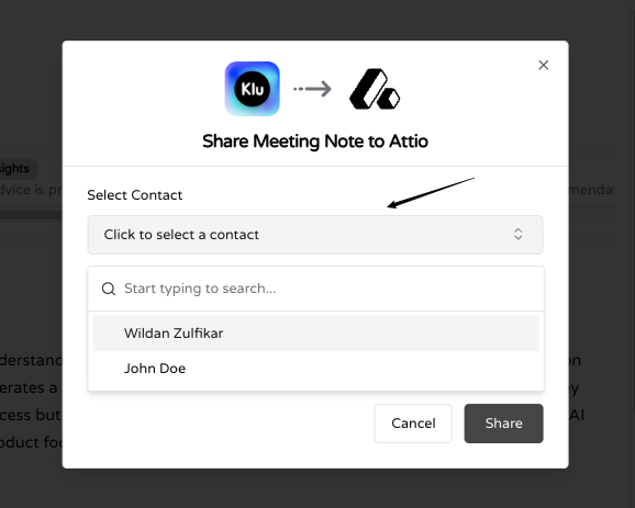 Klu contact selector to share meeting notes to Attio CRM.