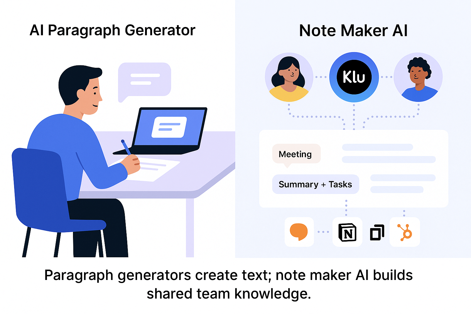Comparison of AI paragraph generator for individuals vs note maker AI for teams.