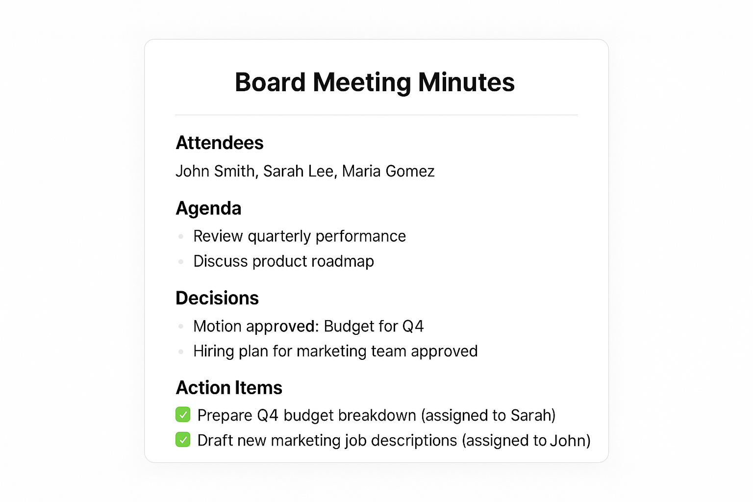 Formal meeting minutes template with agenda, attendees, and decisions.