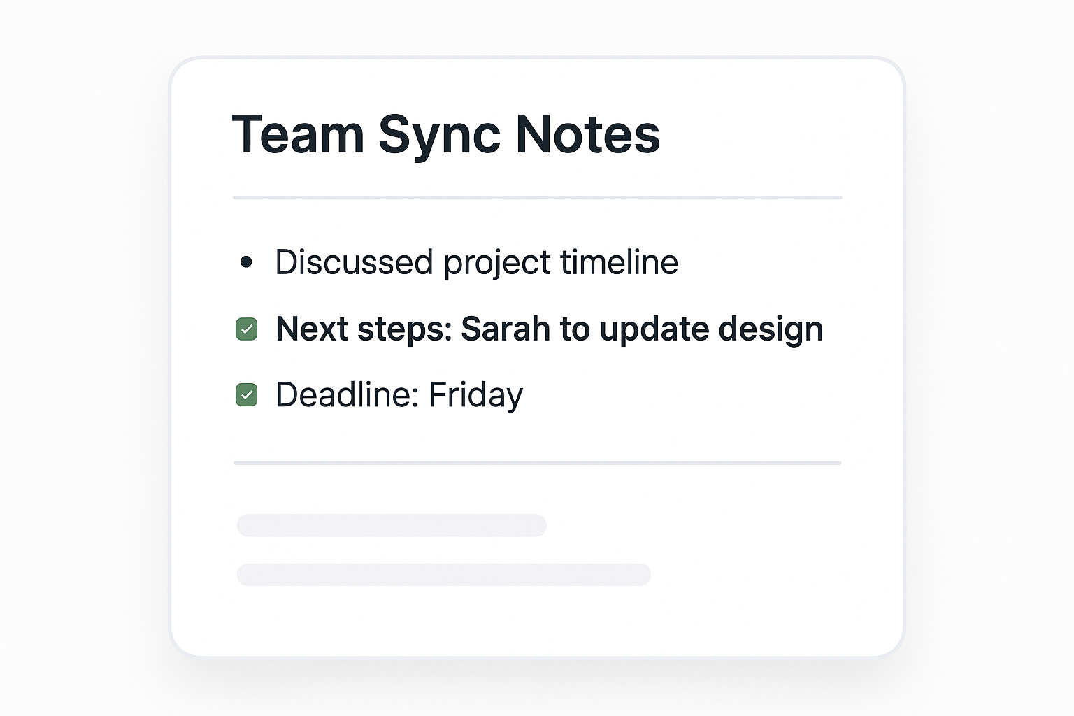 Meeting notes document with highlighted action items.