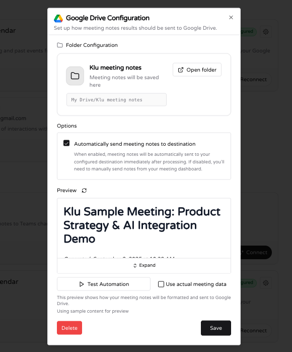 AI meeting notes from Klu saved in Google Drive folder.
