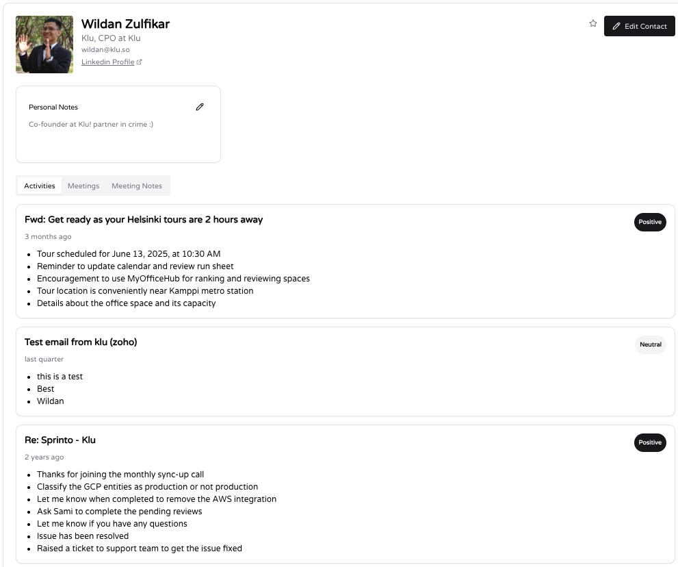AI Gmail email summaries with sentiment analysis inside Klu contact view