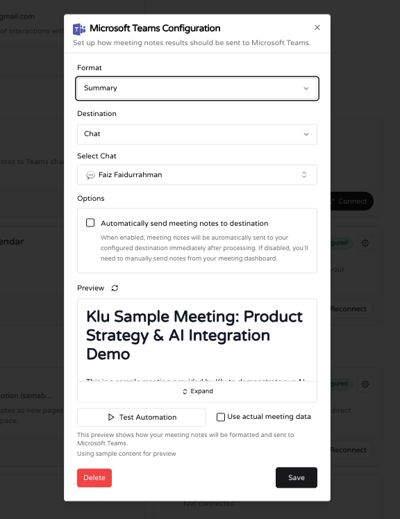 Klu posting AI meeting summary into Microsoft Teams channel.
