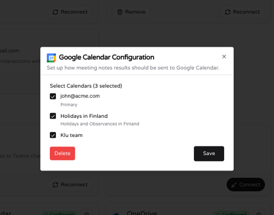 Klu integration with Google Calendar showing meetings ready for capture