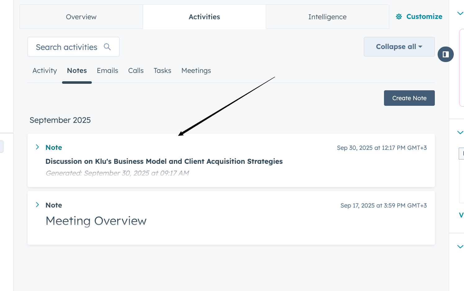 Notes appears in HubSpot contact under note tab.
