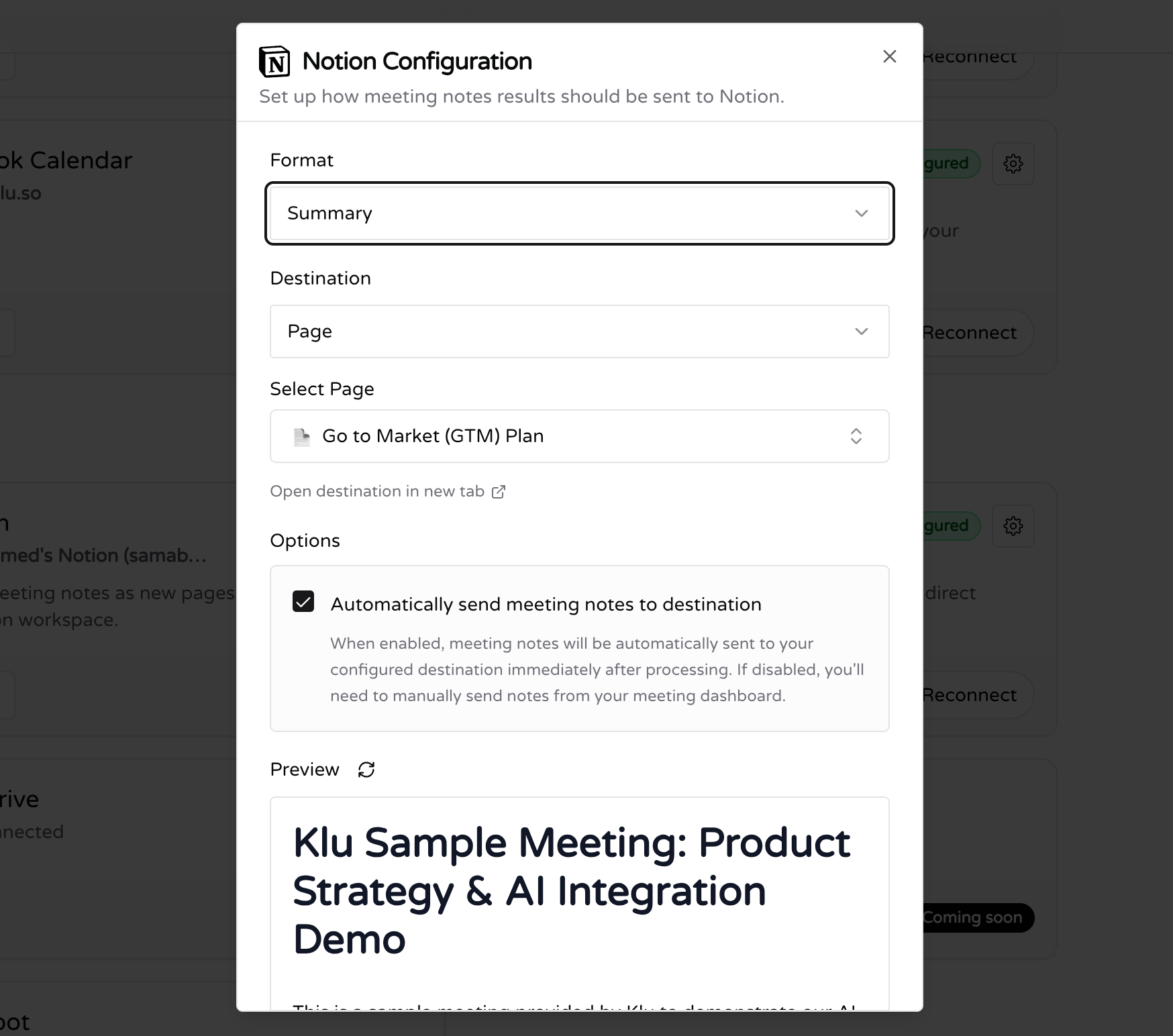 Klu AI meeting notes syncing tasks into Notion
