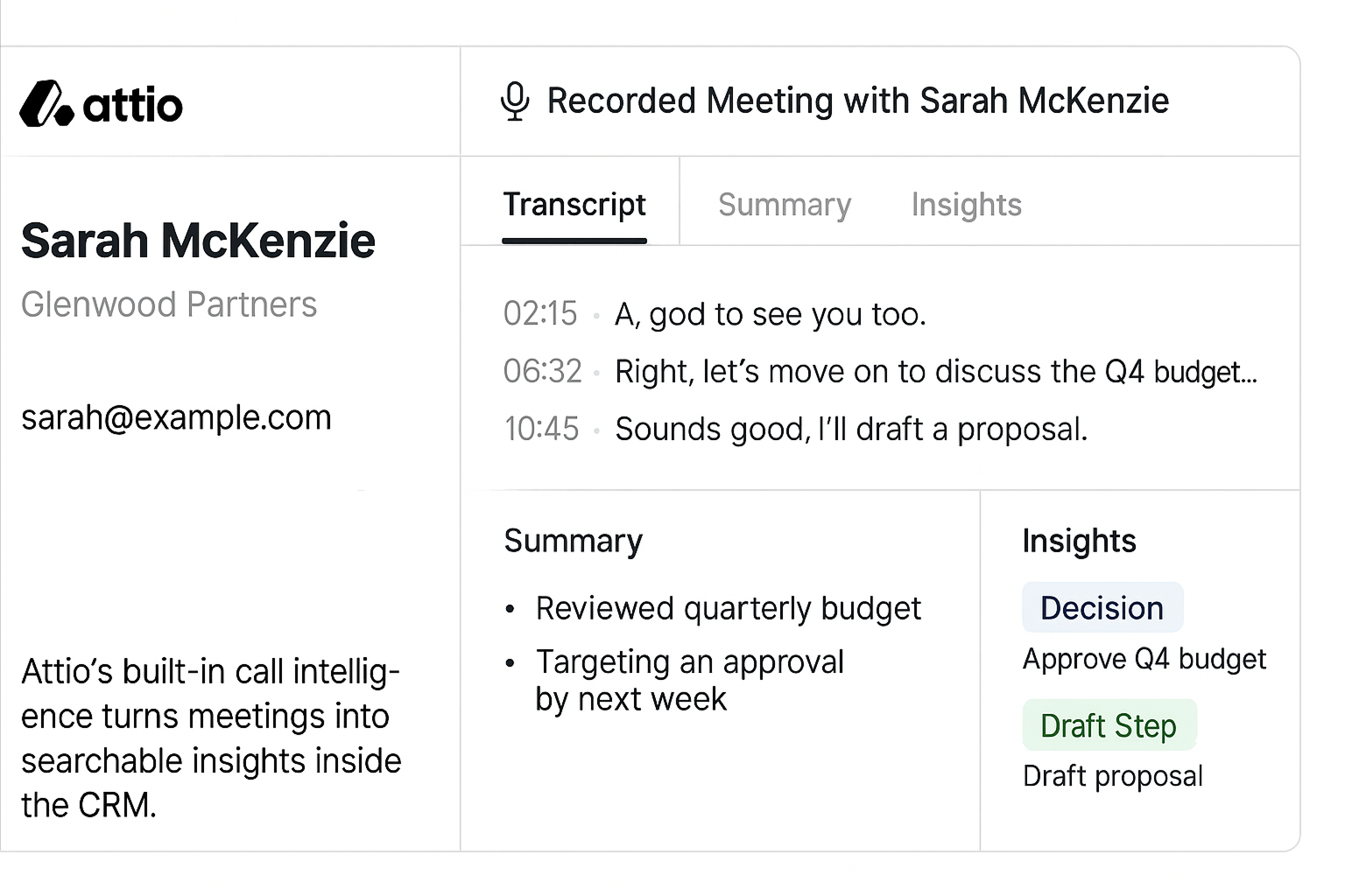 Attio CRM showing call recording, transcript, and AI summary.