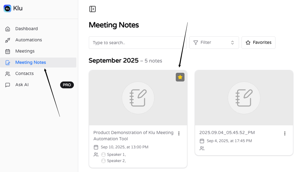 Klu Meeting Notes dashboard showing how to favorite a meeting note with the star icon.