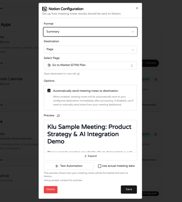 Klu syncing meeting notes into Notion database